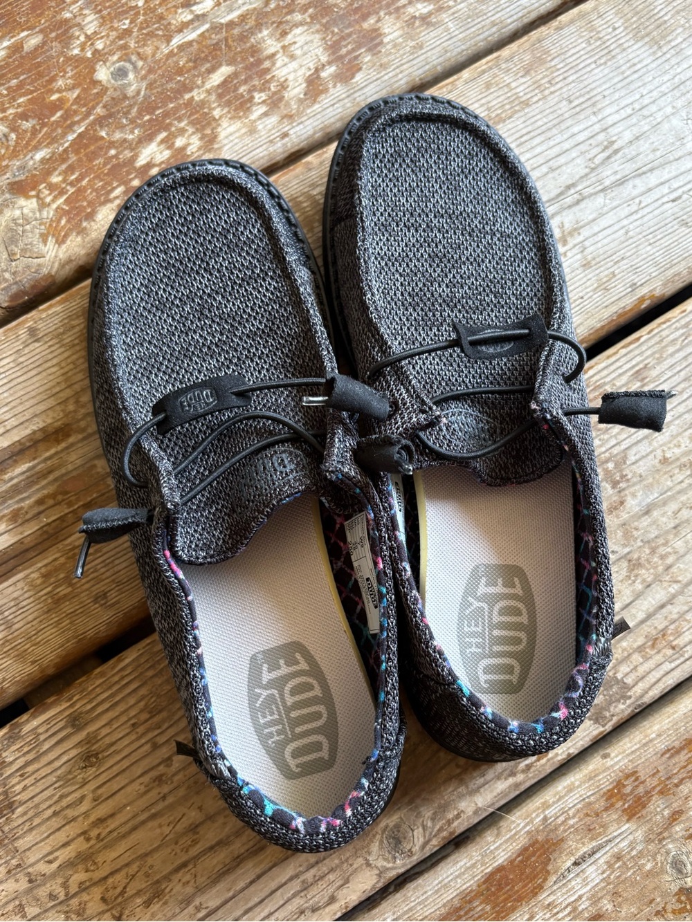 Hey Dude Women's Charcoal Knit Slip-On Shoes with Multicolor Trim
